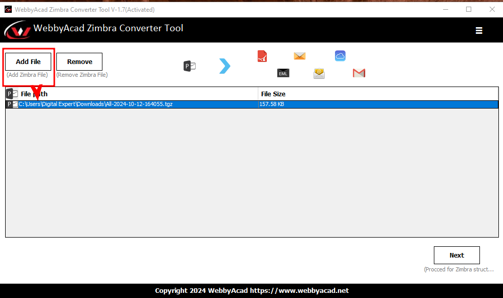 WebbyAcad Zimbra File Converter Tool screenshot